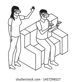 virtual reality technology, young couple living a modern digital experience with headset glassesand joysticks cartoon vector illustration graphic design