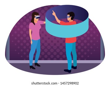 virtual reality technology, young couple living a modern digital experience with headset glassestouching screen cartoon on purple digital background ,vector illustration.