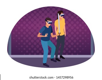 virtual reality technology, young couple living a modern digital experience with headset glasses and sword cartoon on purple digital background ,vector illustration.