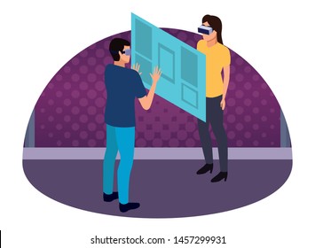 virtual reality technology, young couple living a modern digital experience with headset glassestouching screen cartoon on purple digital background ,vector illustration.
