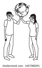 virtual reality technology, young couple living a modern digital experience with headset glassestouching world map cartoon vector illustration graphic design