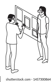 virtual reality technology, young couple living a modern digital experience with headset glassestouching screen cartoon vector illustration graphic design