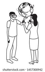 virtual reality technology, young couple living a modern digital experience with headset glassestouching world map cartoon vector illustration graphic design