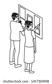 virtual reality technology, young couple living a modern digital experience with headset glassestouching screen cartoon vector illustration graphic design