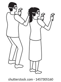 virtual reality technology, young couple living a modern digital experience with headset glassesand joysticks cartoon vector illustration graphic design