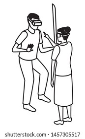 virtual reality technology, young couple living a modern digital experience with headset glassestouching screen cartoon vector illustration graphic design
