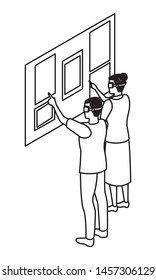 virtual reality technology, young couple living a modern digital experience with headset glassestouching screen cartoon vector illustration graphic design