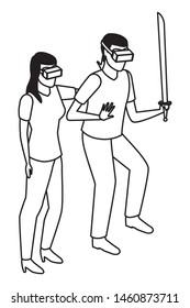 virtual reality technology, young couple living a modern digital experience with headset glassesand sword cartoon vector illustration graphic design