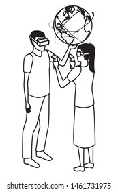 virtual reality technology, young couple living a modern digital experience with headset glassesand joysticks cartoon vector illustration graphic design