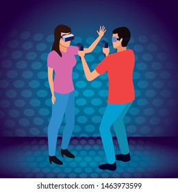 virtual reality technology, young couple living a modern digital experience with headset glassesand joysticks cartoon on blue digital background ,vector illustration.