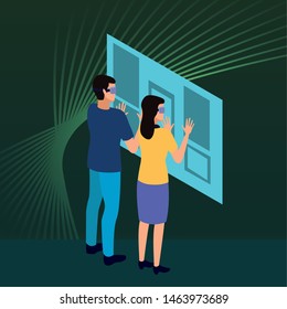 virtual reality technology, young couple living a modern digital experience with headset glassestouching screen cartoon on green digital background ,vector illustration.