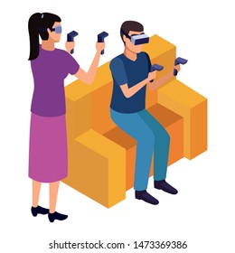 virtual reality technology, young couple living a modern digital experience with headset glassesand joysticks cartoon vector illustration graphic design