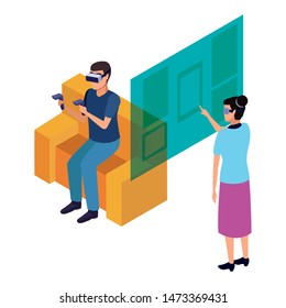 virtual reality technology, young couple living a modern digital experience with headset glassesand joysticks cartoon vector illustration graphic design