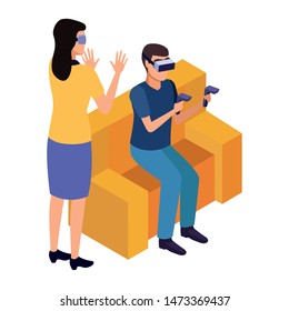 virtual reality technology, young couple living a modern digital experience with headset glassesand joysticks cartoon vector illustration graphic design