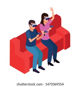 virtual reality technology, young couple living a modern digital experience with headset glassesand joysticks cartoon vector illustration graphic design