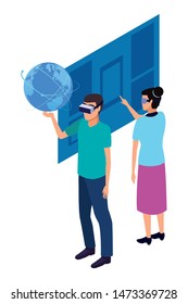 virtual reality technology, young couple living a modern digital experience with headset glassestouching screen cartoon vector illustration graphic design