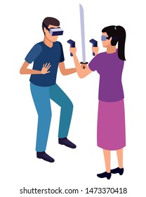 virtual reality technology, young couple living a modern digital experience with headset glassesand joysticks cartoon vector illustration graphic design