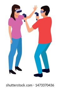 virtual reality technology, young couple living a modern digital experience with headset glassesand joysticks cartoon vector illustration graphic design