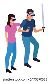 virtual reality technology, young couple living a modern digital experience with headset glassesand sword cartoon vector illustration graphic design