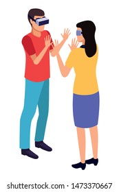 virtual reality technology, young couple living a modern digital experience with headset glassestouching air cartoon vector illustration graphic design