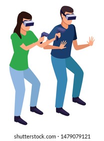 virtual reality technology, young couple living a modern digital experience with headset glassesand joysticks cartoon vector illustration graphic design