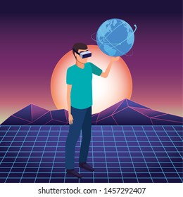virtual reality technology, young man living a modern digital experience with headset glassestouching world map cartoon on virtual three dimensional landscape background ,vector illustration.