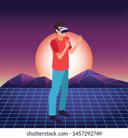 virtual reality technology, young man living a modern digital experience with headset glassescartoon on virtual three dimensional landscape background ,vector illustration.