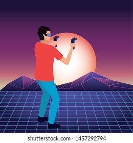 virtual reality technology, young man living a modern digital experience with headset glassesand joysticks cartoon on virtual three dimensional landscape background ,vector illustration.