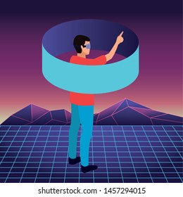virtual reality technology, young man living a modern digital experience with headset glassestouching the air cartoon on virtual three dimensional landscape background ,vector illustration.