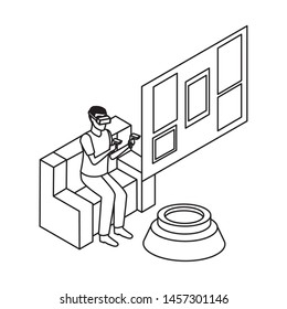virtual reality technology, young man living a modern digital experience with headset glassesand joysticks on couch cartoon vector illustration graphic design