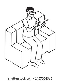 virtual reality technology, young man living a modern digital experience with headset glasseson couch cartoon vector illustration graphic design