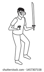 virtual reality technology, young man living a modern digital experience with headset glassesand sword cartoon vector illustration graphic design
