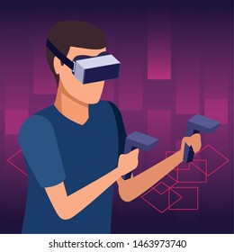 virtual reality technology, young man living a modern digital experience with headset glassesand joysticks on couch cartoon on purple digital background ,vector illustration.