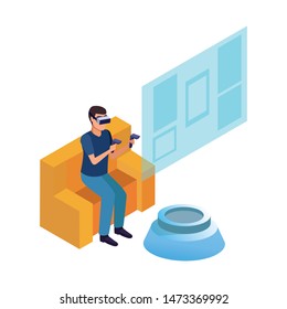 virtual reality technology, young man living a modern digital experience with headset glassesand joysticks on couch cartoon vector illustration graphic design