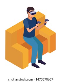 virtual reality technology, young man living a modern digital experience with headset glasseson couch cartoon vector illustration graphic design