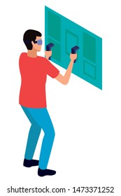 virtual reality technology, young man living a modern digital experience with headset glassesand joysticks cartoon vector illustration graphic design
