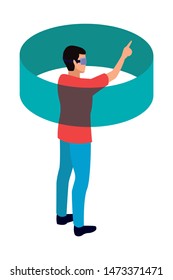 virtual reality technology, young man living a modern digital experience with headset glassestouching the air cartoon vector illustration graphic design