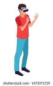 virtual reality technology, young man living a modern digital experience with headset glassescartoon vector illustration graphic design