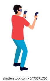 virtual reality technology, young man living a modern digital experience with headset glassesand joysticks cartoon vector illustration graphic design
