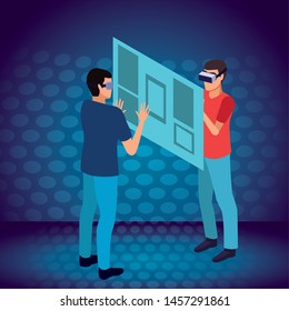 virtual reality technology, young men friends living a modern digital experience with headset glassestouching screen cartoon on blue digital background ,vector illustration.