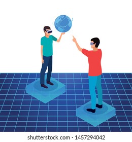 virtual reality technology, young men friends living a modern digital experience with headset glassestouching world map cartoon ,vector illustration.