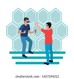 virtual reality technology, young men friends living a modern digital experience with headset glassesand sword cartoon on blue hologram background ,vector illustration.