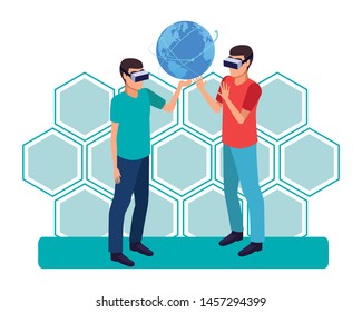 virtual reality technology, young men friends living a modern digital experience with headset glassestouching world map cartoon on blue hologram background ,vector illustration.