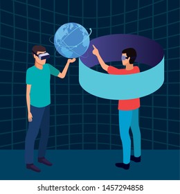 virtual reality technology, young men friends living a modern digital experience with headset glassestouching world map and screen cartoon on blue digital background ,vector illustration.