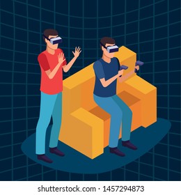 virtual reality technology, young men friends living a modern digital experience with headset glassesand joysticks cartoon on blue digital background ,vector illustration.