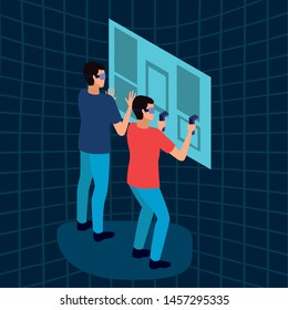 virtual reality technology, young men friends living a modern digital experience with headset glassesand joysticks cartoon on blue digital background ,vector illustration.