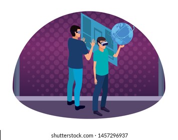 virtual reality technology, young men friends living a modern digital experience with headset glassestouching world map and screen cartoon on purple digital background ,vector illustration.