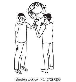 virtual reality technology, young men friends living a modern digital experience with headset glassestouching world map cartoon vector illustration graphic design
