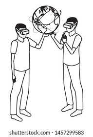virtual reality technology, young men friends living a modern digital experience with headset glassestouching world map cartoon vector illustration graphic design