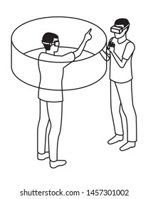 virtual reality technology, young men friends living a modern digital experience with headset glassestouching screen cartoon vector illustration graphic design